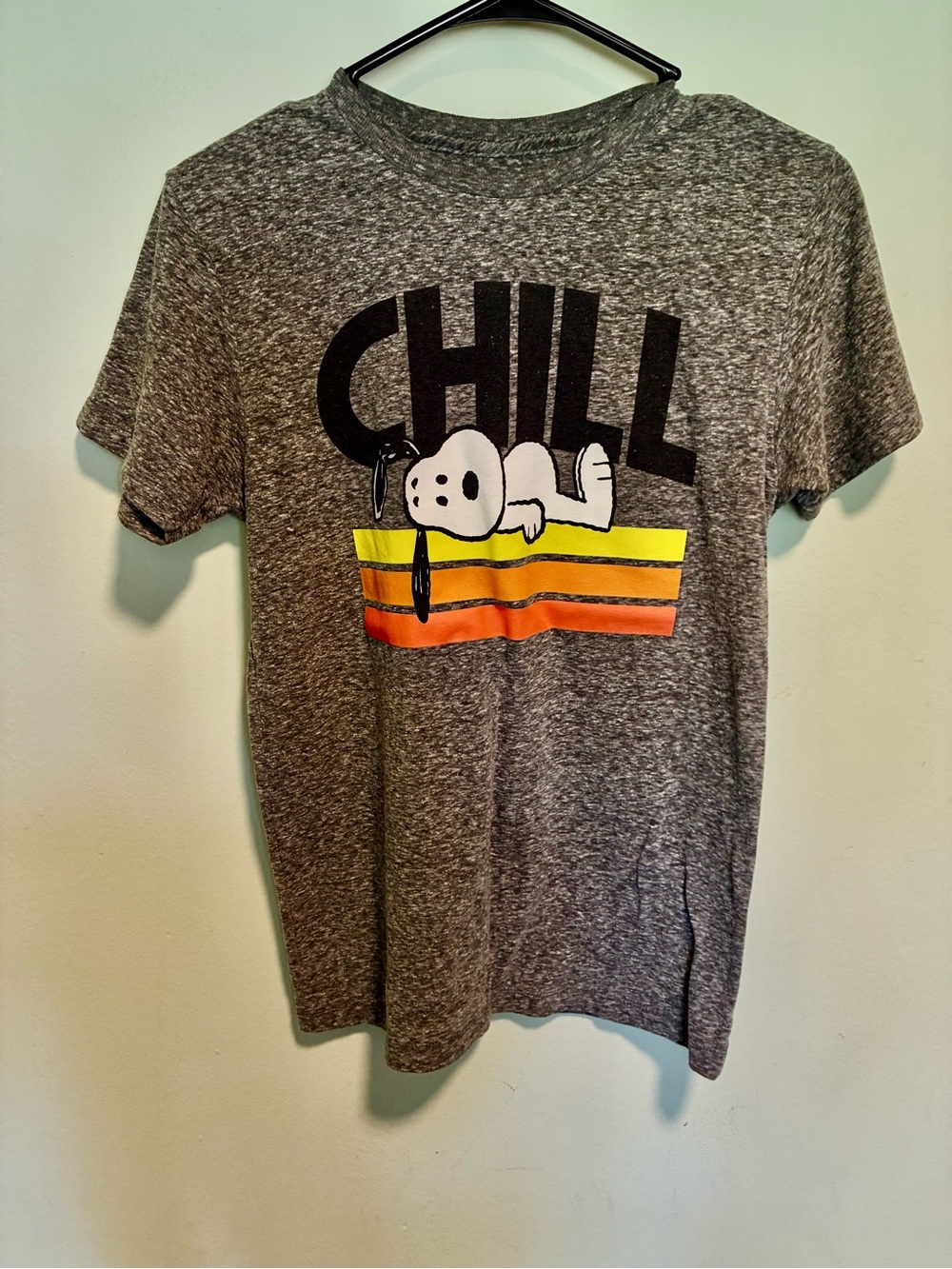Peanuts Gray 'CHILL' Snoopy Graphic Tee with Retro Stripes